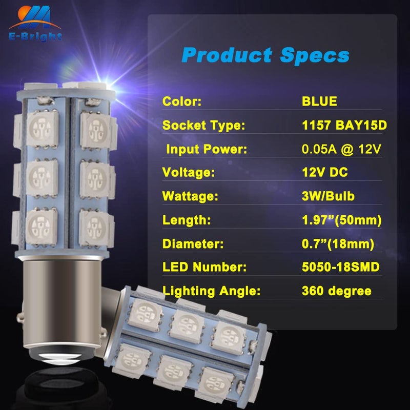 YM EBright YM E-Bright Blue 1157 Led Bulb, 1016 1034 7528 BAY15D Base 18 SMD 5050 LED Replacement Bulb For RV SUV MPV Car Brake Light Backup Lamps DC 12V (Pack of 4) - Image 3